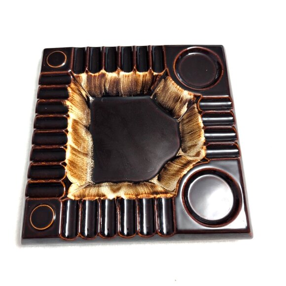 Vintage MCM Large Ceramic Ashtray Brown/Tan Drip Glaze 10.25" Square VGC - Picture 1 of 9